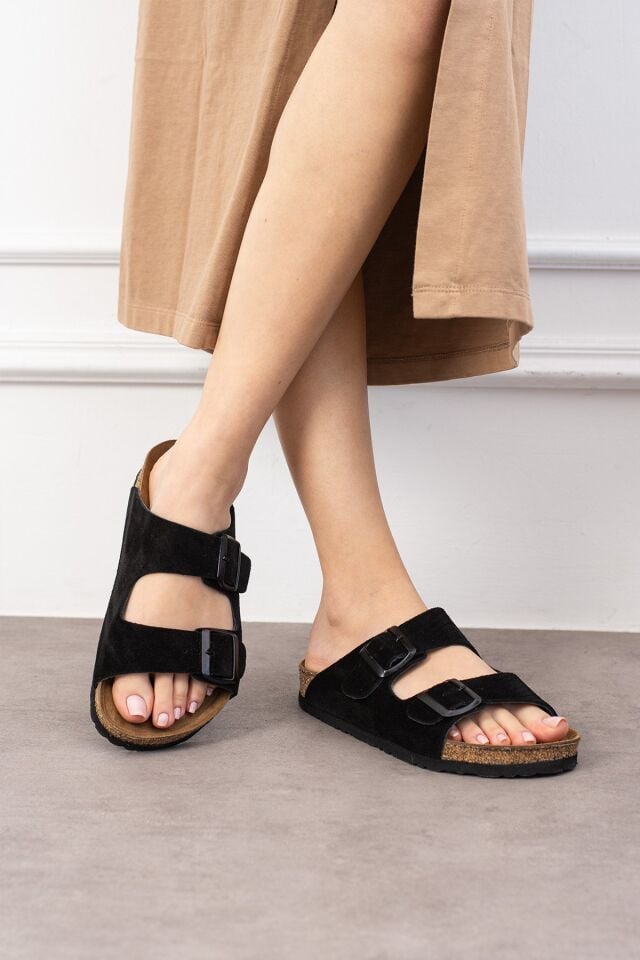 Tokyo Hakiki Deri Mantar Taban Ortopedik Unisex Terlik - Süet Siyah