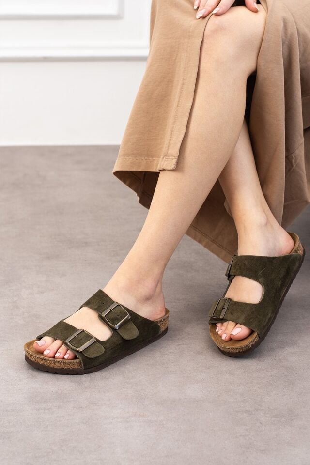 Tokyo Hakiki Deri Mantar Taban Ortopedik Unisex Terlik - Süet Haki