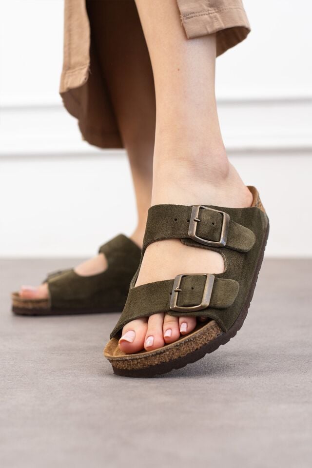 Tokyo Hakiki Deri Mantar Taban Ortopedik Unisex Terlik - Süet Haki