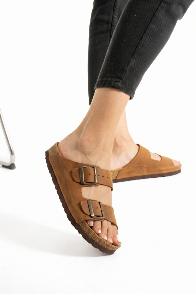 Tokyo Hakiki Deri Mantar Taban Ortopedik Unisex Terlik - Crazy Taba