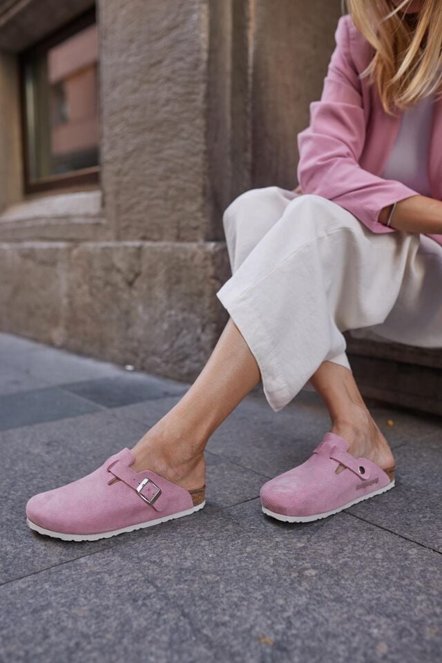 Oslo Hakiki deri Mantar Taban Ortopedik Unisex Terlik - Süet Pembe