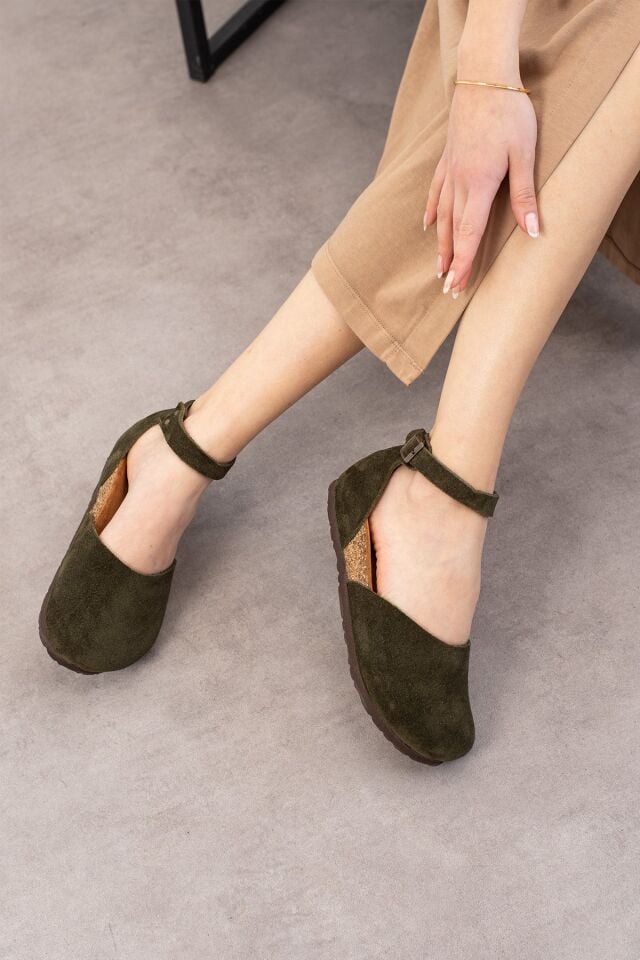 Zurich Hakiki Deri Mantar Taban Ortopedik Kadın Babet (Süet Haki)