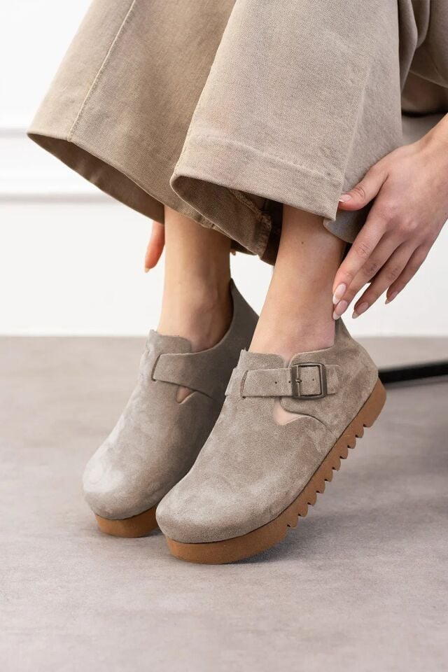 Oxford Hakiki Deri Mantar Taban Ortopedik Unisex Ayakkabı (Süet Taupe - Yüksek Eva)
