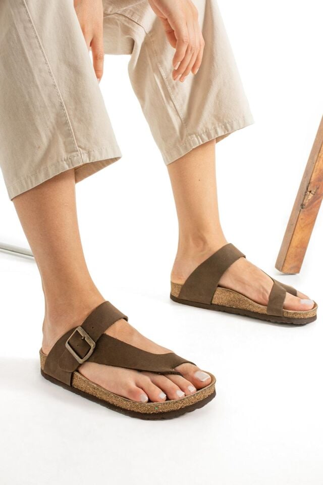 Dubai Hakiki Deri Mantar Taban Ortopedik Unisex Terlik - Crazy Kahve