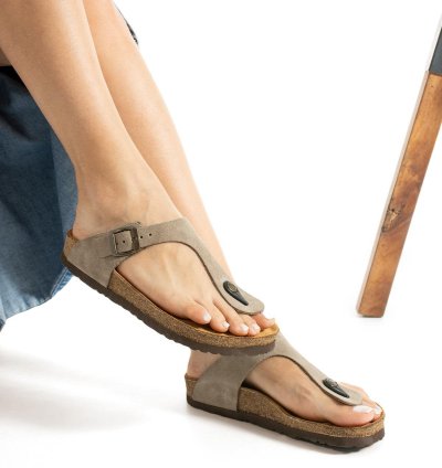 Madrid Hakiki Deri Mantar Taban Parmak Arası Terlik - Süet Taupe