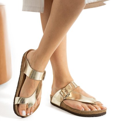 Dubai Hakiki Deri Mantar Taban Ortopedik Unisex Terlik - Gold