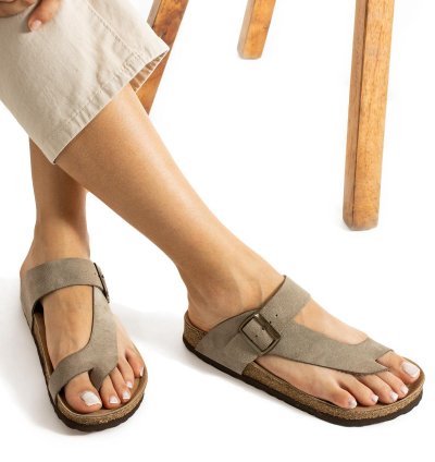 Dubai Hakiki Deri Mantar Taban Ortopedik Unisex Terlik - Süet Taupe