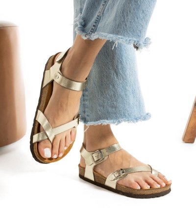 Paris Hakiki Deri Mantar Taban Ortopedik Sandalet - Gold