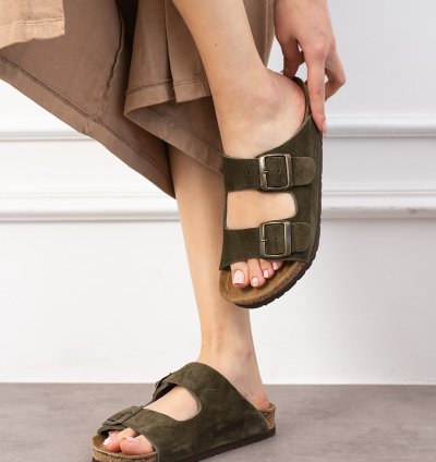 Tokyo Hakiki Deri Mantar Taban Ortopedik Unisex Terlik - Süet Haki