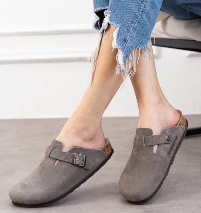 Oslo Hakiki deri Mantar Taban Ortopedik Unisex Terlik - Vizon  Süet