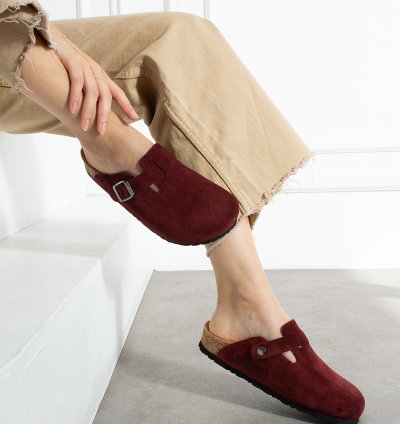 Oslo Hakiki deri Mantar Taban Ortopedik Unisex Terlik - Süet Bordo