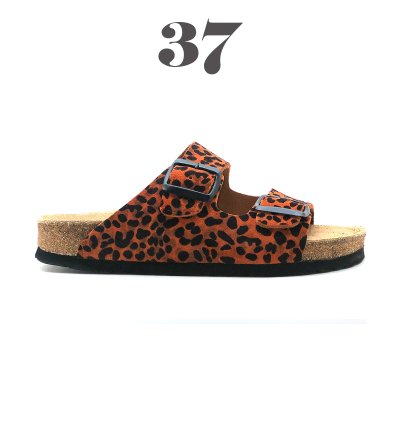 Tokyo Hakiki Deri Mantar Taban Ortopedik Unisex Terlik - Turuncu Leopar-3736-37-40-41-42