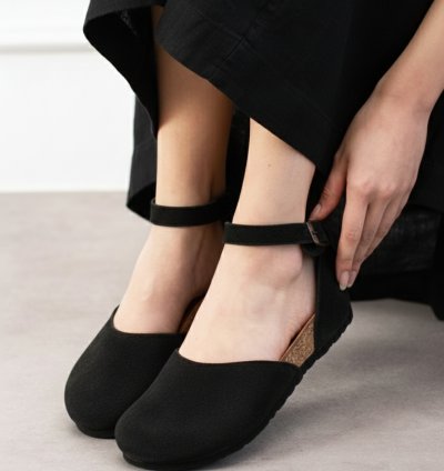 Zurich Hakiki Deri Mantar Taban Ortopedik Kadın Babet (Süet Siyah)