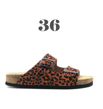 Tokyo Hakiki Deri Mantar Taban Ortopedik Unisex Terlik - Turuncu Leopar-3604