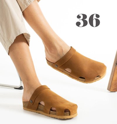 Dublin Hakiki Deri Mantar Taban Ortopedik Unisex Terlik - Crazy Taba-3626