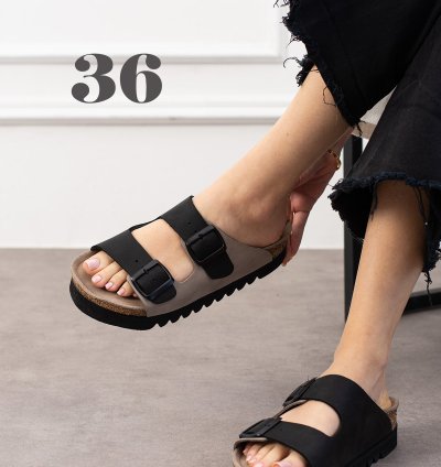 Tokyo Hakiki Deri Mantar Taban Ortopedik Kadın Terlik -Taş-Siyah- Yüksek Eva-3631