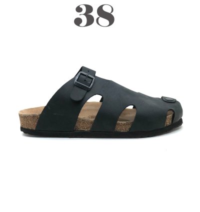 Helsinki Hakiki Deri Mantar Taban Ortopedik Unisex Terlik - Siyah-3868