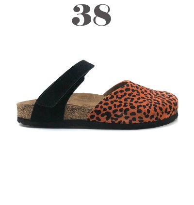 Lugano Hakiki Deri Mantar Taban Ortopedik Terlik -Turuncu Leopar-38149