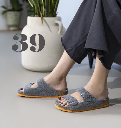 Tokyo Natürel Yün Keçe Mantar Taban Ortopedik Unisex Terlik - Gri-Turuncu-3902