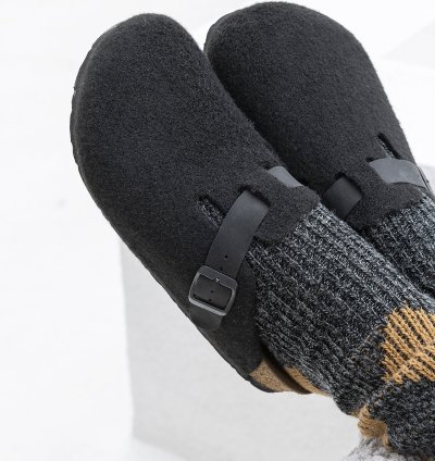 Oslo Natürel Yün Keçe Mantar Taban Ortopedik Unisex Terlik - Siyah-Deri Bant-3918