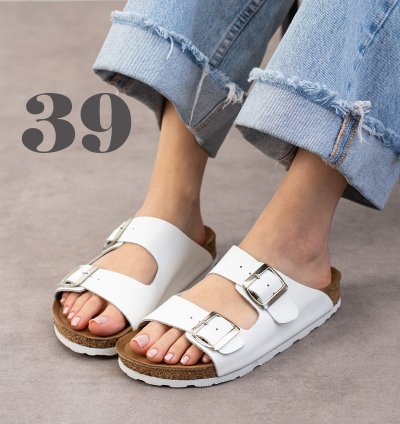 Tokyo Hakiki Deri Mantar Taban Ortopedik Unisex Terlik - Beyaz-39120