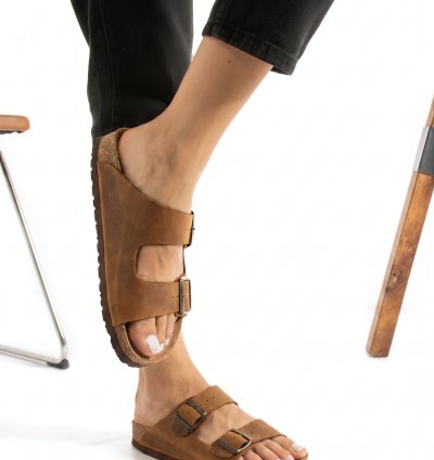 Tokyo Hakiki Deri Mantar Taban Ortopedik Unisex Terlik - Crazy Taba
